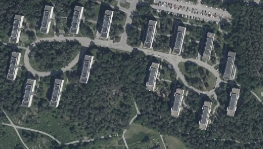 Bostadsgård med grönska och människor